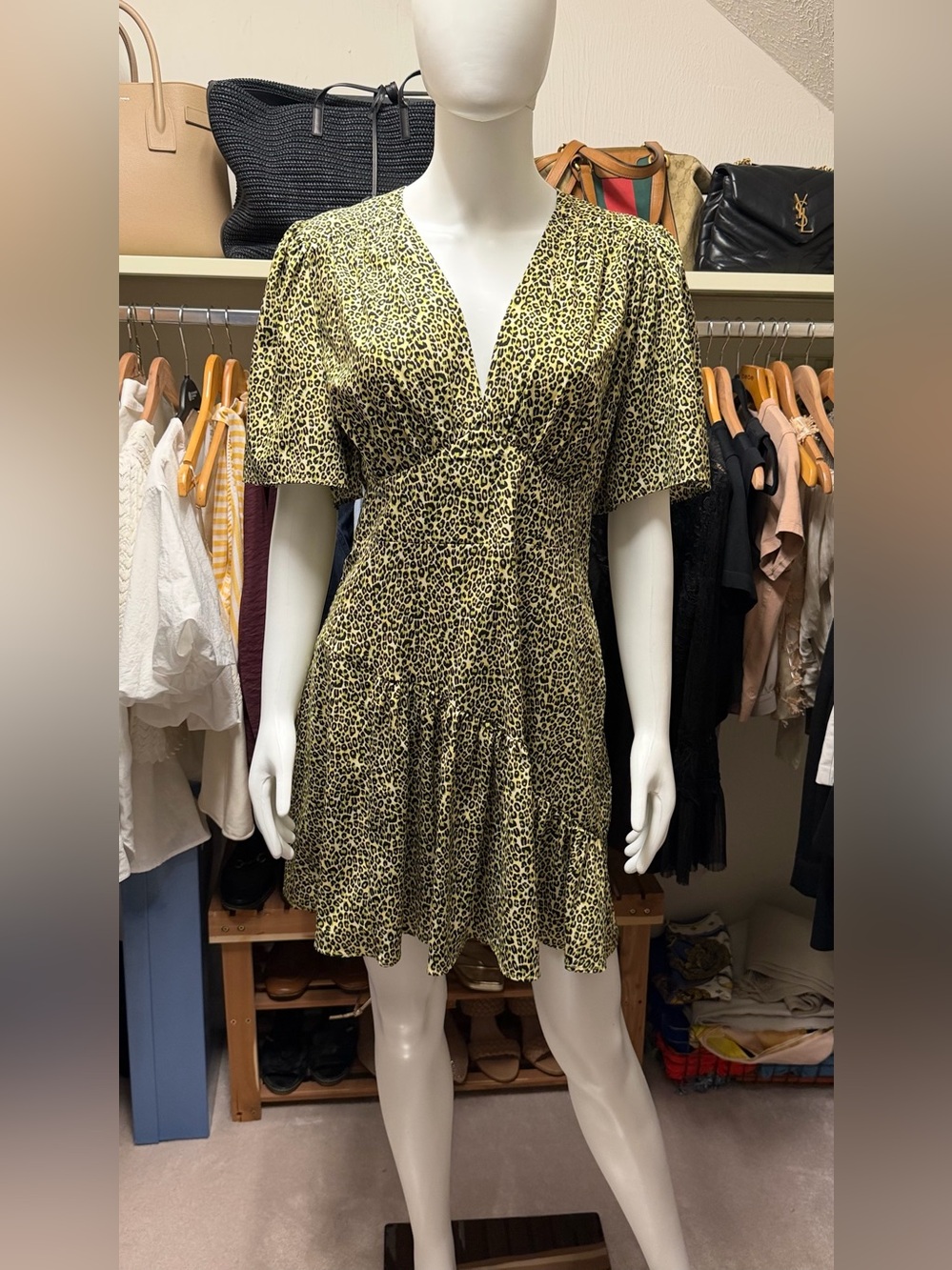 Topshop Yellow Leopard Print V-Neck Ruffle Mini Dress Size 8